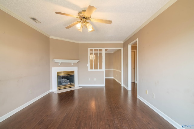 unfurnished living room with crown molding, a textured ceiling, dark hardwood / wood-style floors, and ceiling fan