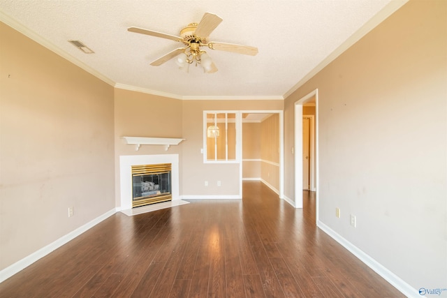 unfurnished living room featuring crown molding, wood-type flooring, a textured ceiling, and ceiling fan