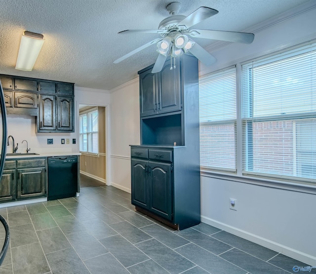 kitchen featuring sink, a textured ceiling, ornamental molding, and dishwasher