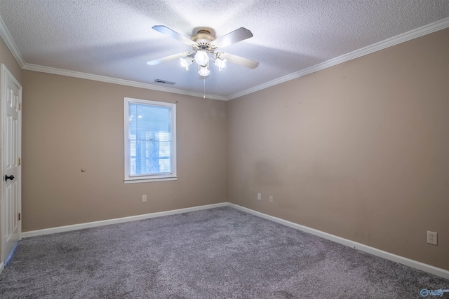 spare room with carpet, crown molding, a textured ceiling, and ceiling fan