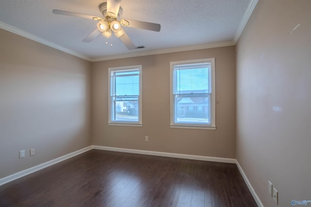 empty room with crown molding, dark hardwood / wood-style floors, a textured ceiling, and ceiling fan