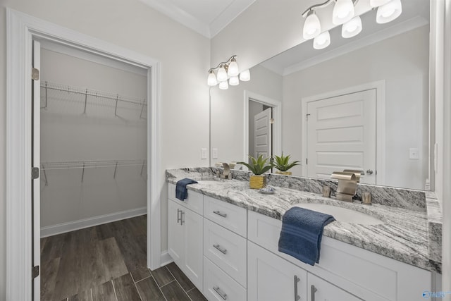 bathroom featuring crown molding, double vanity, a spacious closet, a sink, and wood finished floors