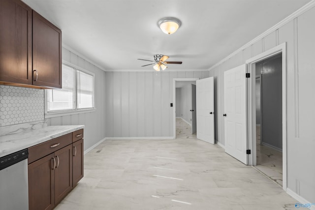 kitchen featuring tasteful backsplash, stainless steel dishwasher, dark brown cabinetry, ceiling fan, and crown molding