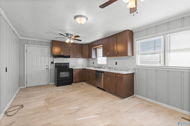 kitchen with stainless steel dishwasher, decorative backsplash, a healthy amount of sunlight, and black electric range