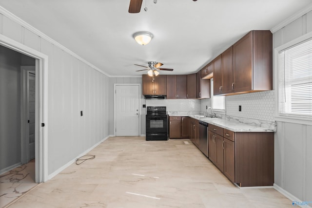 kitchen featuring dishwasher, sink, backsplash, black / electric stove, and crown molding