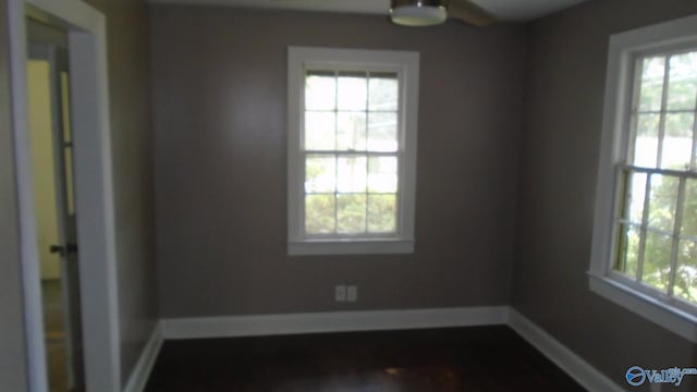 unfurnished room featuring a healthy amount of sunlight and ceiling fan