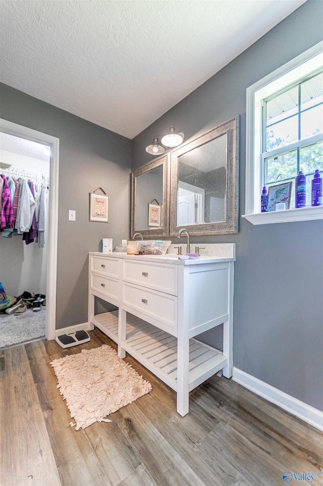 207 Sharp Dr, Gadsden, AL 35903 - bathroom featuring vanity, wood finished floors, a spacious closet, baseboards, and a textured ceiling