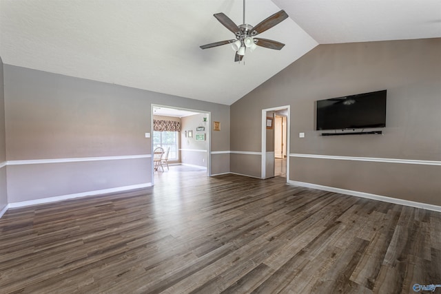 207 Sharp Dr, Gadsden, AL 35903 - unfurnished living room with ceiling fan, wood finished floors, high vaulted ceiling, and baseboards