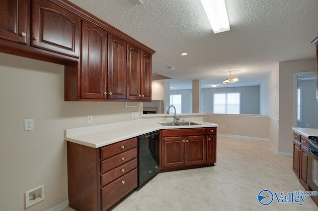 kitchen with a textured ceiling, black dishwasher, an inviting chandelier, sink, and kitchen peninsula