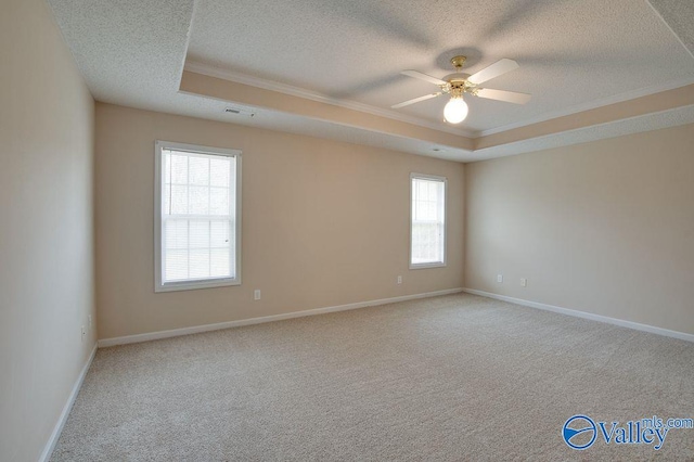 unfurnished room with ceiling fan, light colored carpet, and a raised ceiling