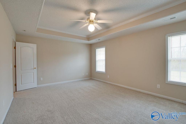 empty room with a raised ceiling, light colored carpet, ceiling fan, and a textured ceiling