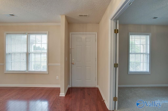 entrance foyer featuring dark hardwood / wood-style floors, plenty of natural light, and a textured ceiling