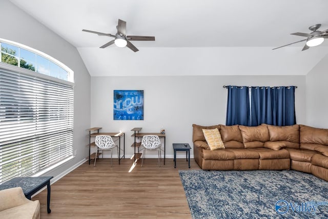 110 SW Cotton Bend Dr, Huntsville, AL 35824 - living area featuring a ceiling fan, vaulted ceiling, wood finished floors, and baseboards