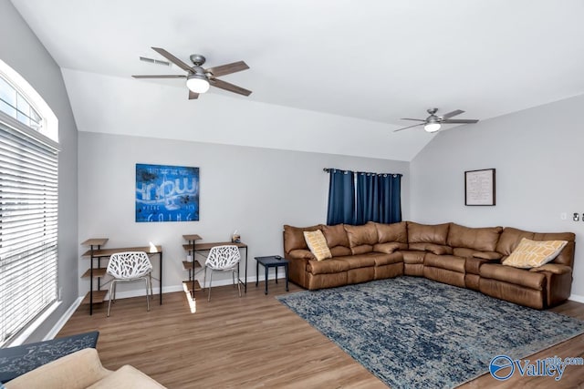 110 SW Cotton Bend Dr, Huntsville, AL 35824 - living room with ceiling fan, vaulted ceiling, wood finished floors, and baseboards