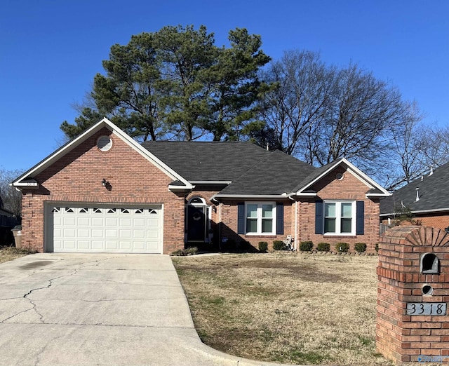 ranch-style home with an attached garage, brick siding, driveway, and a shingled roof