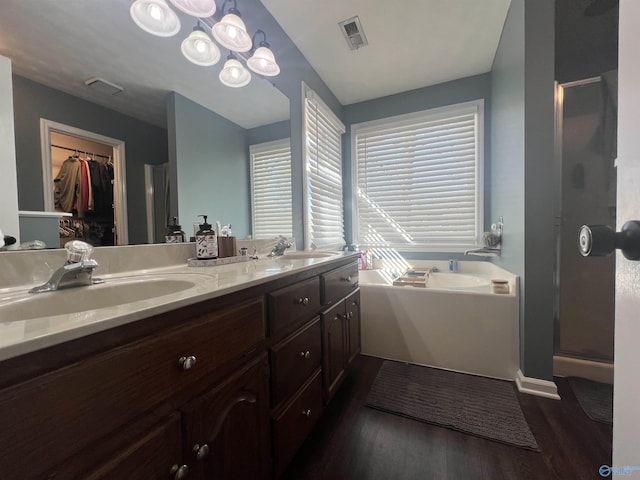 full bathroom featuring wood finished floors, a stall shower, and a sink