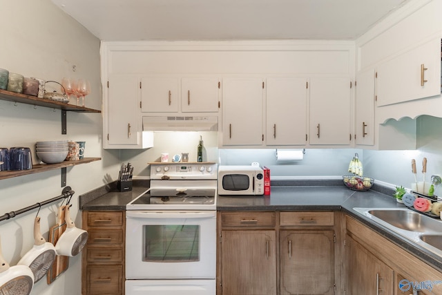3516 Oleander Rd SW, Huntsville, AL 35805 - kitchen featuring open shelves, under cabinet range hood, white cabinets, and white appliances