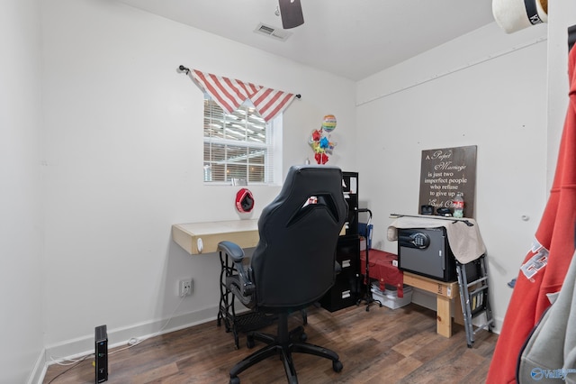 office featuring ceiling fan and dark wood-type flooring