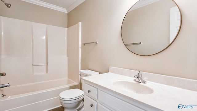 full bathroom featuring shower / washtub combination, crown molding, vanity, and toilet