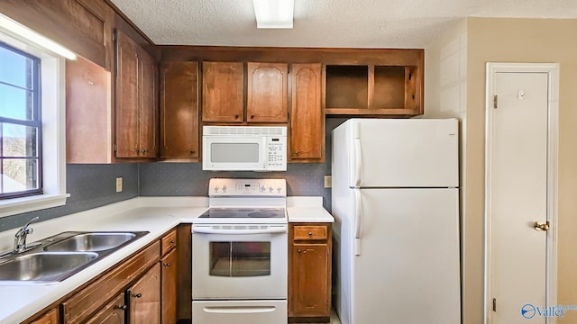 kitchen featuring brown cabinets, white appliances, light countertops, and a sink