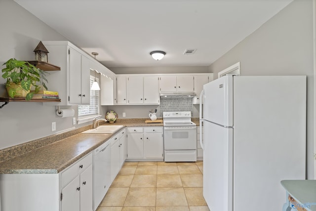 kitchen featuring open shelves, a sink, white appliances, white cabinets, and visible vents