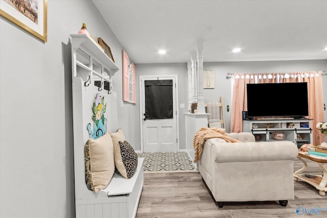 living room with light hardwood / wood-style flooring