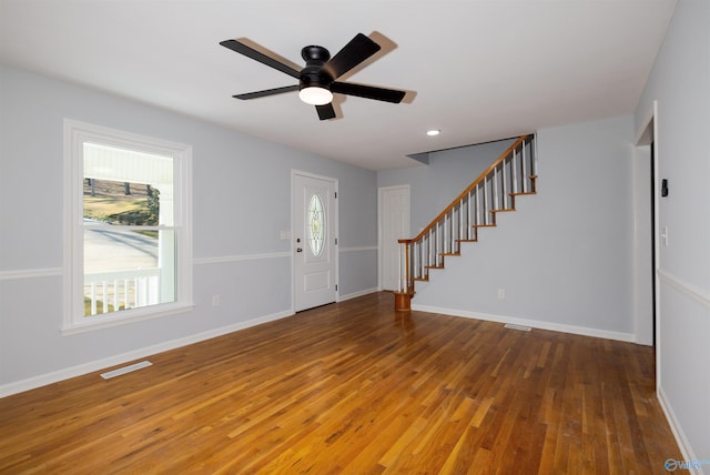 1204 Sibert Dr, Glencoe, AL 35905 - foyer entrance with wood-type flooring, stairway, baseboards, ceiling fan, and recessed lighting