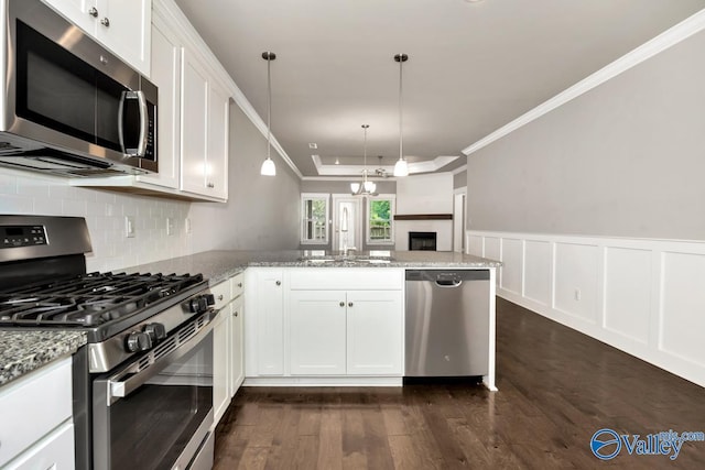 kitchen featuring appliances with stainless steel finishes, light stone counters, sink, white cabinets, and dark hardwood / wood-style floors