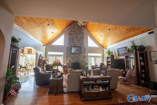 living room with dark hardwood / wood-style floors, high vaulted ceiling, wooden ceiling, and a wealth of natural light