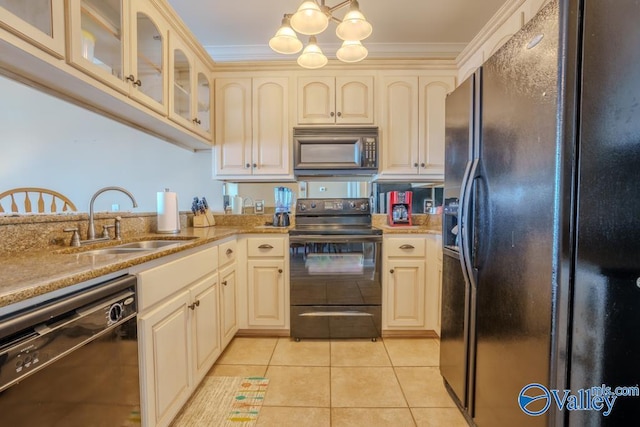 5590 Bay Hill Dr Unit 303, Athens, AL 35611 - kitchen featuring black appliances, a sink, cream cabinetry, a chandelier, and crown molding