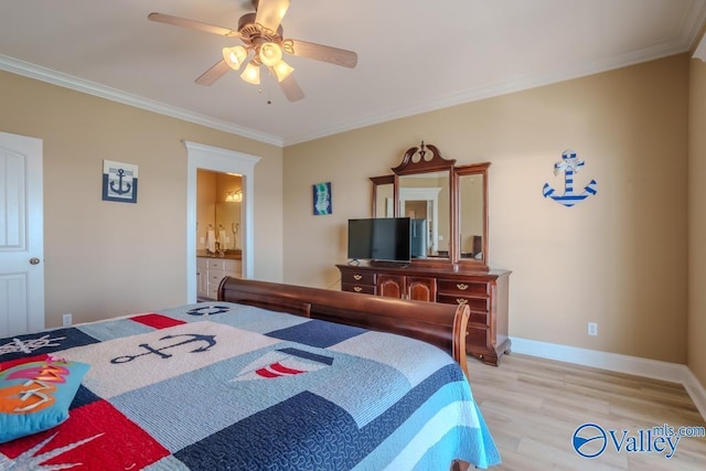 5590 Bay Hill Dr Unit 303, Athens, AL 35611 - bedroom with ornamental molding, light wood finished floors, baseboards, a ceiling fan, and ensuite bathroom