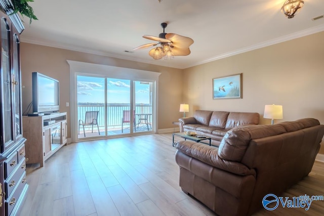 5590 Bay Hill Dr Unit 303, Athens, AL 35611 - living room featuring crown molding, a ceiling fan, light wood-type flooring, and baseboards