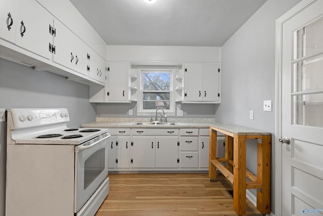 kitchen featuring light hardwood / wood-style flooring, white cabinetry, white electric stove, and sink