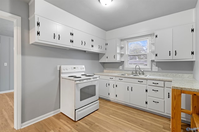 kitchen with white cabinetry, sink, white electric range oven, and light hardwood / wood-style flooring