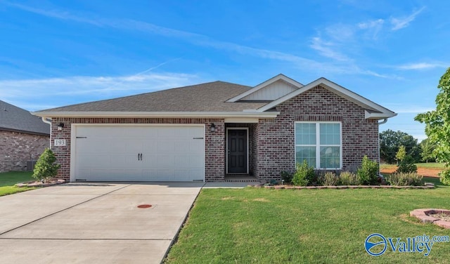 193 Cherry Laurel Dr, Hazel Green, AL 35750 - view of front facade with brick siding, a front lawn, driveway, a garage, and central AC unit