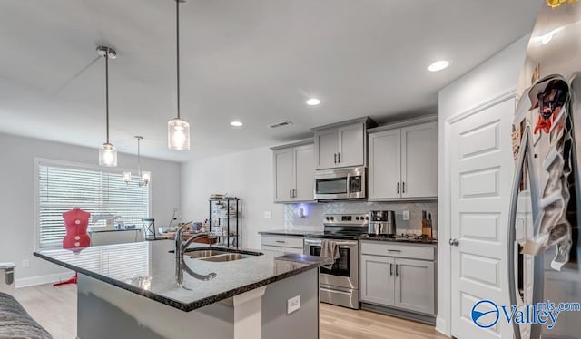 193 Cherry Laurel Dr, Hazel Green, AL 35750 - kitchen featuring stainless steel appliances, gray cabinetry, a sink, dark stone counters, and backsplash