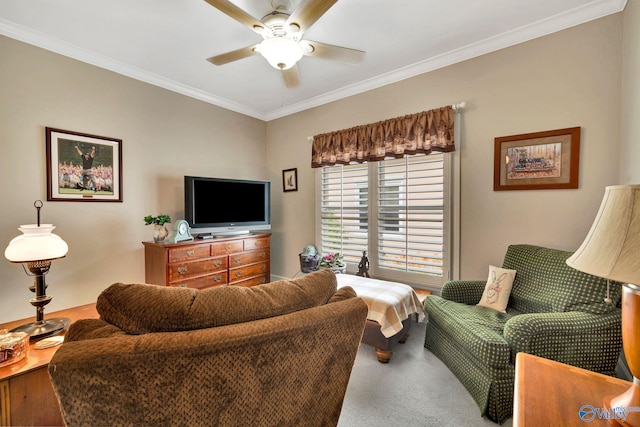 178 Ridgewood Cir, Cherokee Ridge, AL 35175 - living area with crown molding, ceiling fan, and carpet flooring