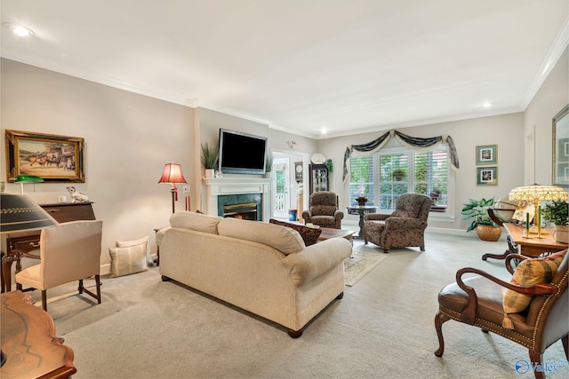 178 Ridgewood Cir, Cherokee Ridge, AL 35175 - carpeted living area with crown molding, a fireplace, recessed lighting, and baseboards