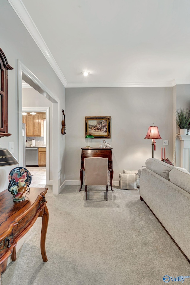 178 Ridgewood Cir, Cherokee Ridge, AL 35175 - living area with crown molding, light colored carpet, and baseboards