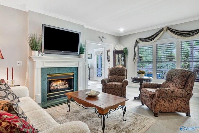 178 Ridgewood Cir, Cherokee Ridge, AL 35175 - living room featuring carpet floors, ornamental molding, and a high end fireplace