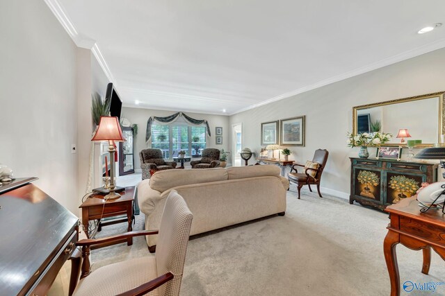 178 Ridgewood Cir, Cherokee Ridge, AL 35175 - carpeted living area with ornamental molding, baseboards, and recessed lighting