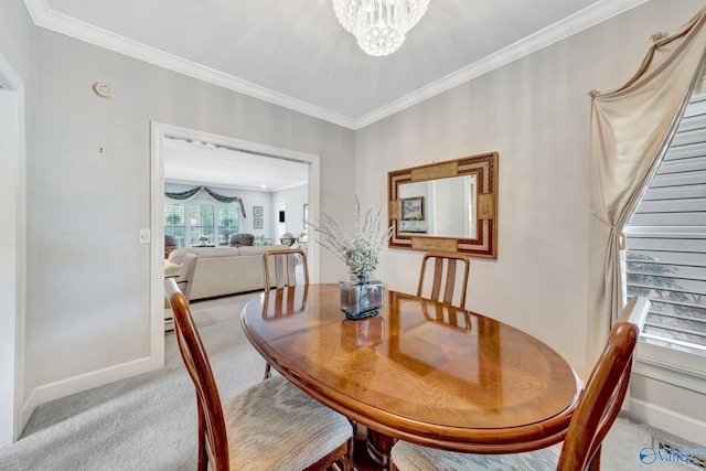 178 Ridgewood Cir, Cherokee Ridge, AL 35175 - dining space with light carpet, a chandelier, ornamental molding, and baseboards