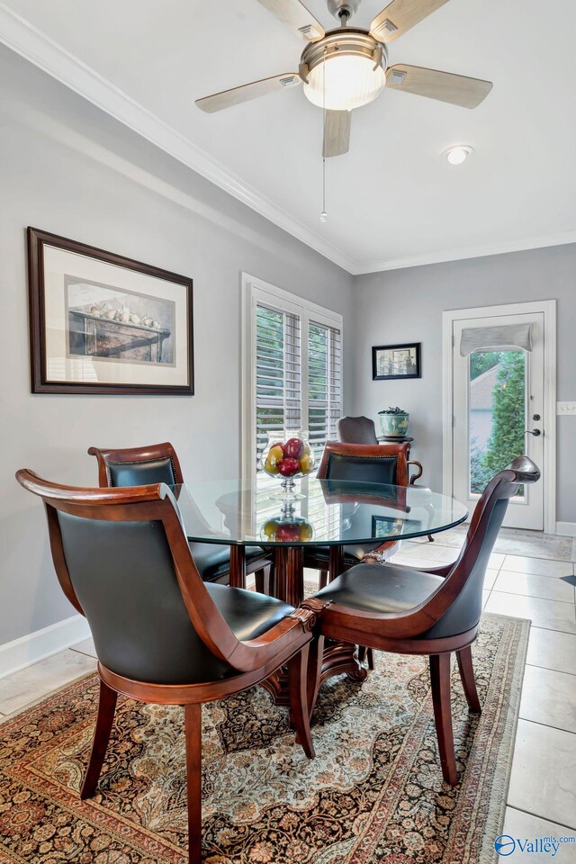 178 Ridgewood Cir, Cherokee Ridge, AL 35175 - dining area featuring crown molding, ceiling fan, light tile patterned floors, baseboards, and recessed lighting