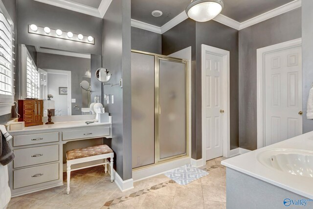 178 Ridgewood Cir, Cherokee Ridge, AL 35175 - full bath featuring ornamental molding, vanity, a shower stall, tile patterned floors, and baseboards