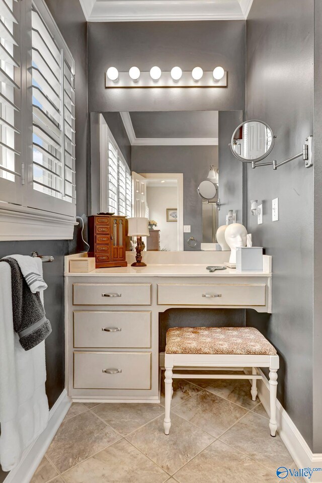178 Ridgewood Cir, Cherokee Ridge, AL 35175 - bathroom with ornamental molding, tile patterned floors, baseboards, and vanity
