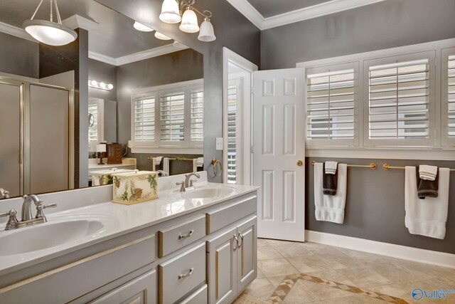178 Ridgewood Cir, Cherokee Ridge, AL 35175 - full bathroom featuring double vanity, a shower stall, tile patterned flooring, crown molding, and inlaid floor details