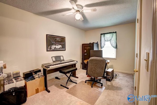 25000 Union Hill Rd, Ardmore, TN 38449 - carpeted home office featuring a textured ceiling, ceiling fan, and baseboards