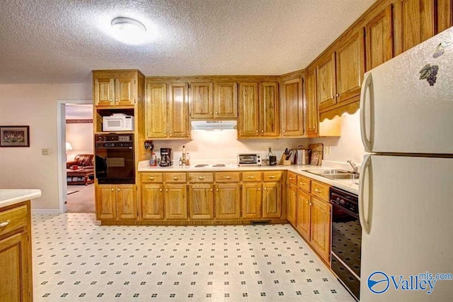 25000 Union Hill Rd, Ardmore, TN 38449 - kitchen with a sink, light countertops, a textured ceiling, under cabinet range hood, and black appliances