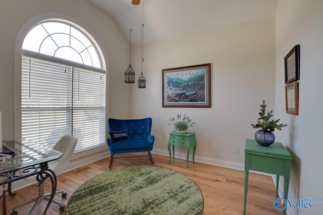 227 Lee Bowden Dr, Huntsville, AL 35806 - office area with baseboards, light wood-style floors, a ceiling fan, and lofted ceiling