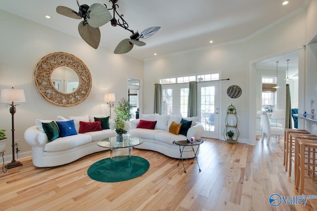 227 Lee Bowden Dr, Huntsville, AL 35806 - living area with a ceiling fan, wood finished floors, crown molding, recessed lighting, and baseboards